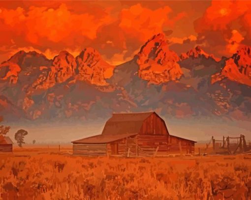 Barn Teton Mountains Sunset Diamond Paintings