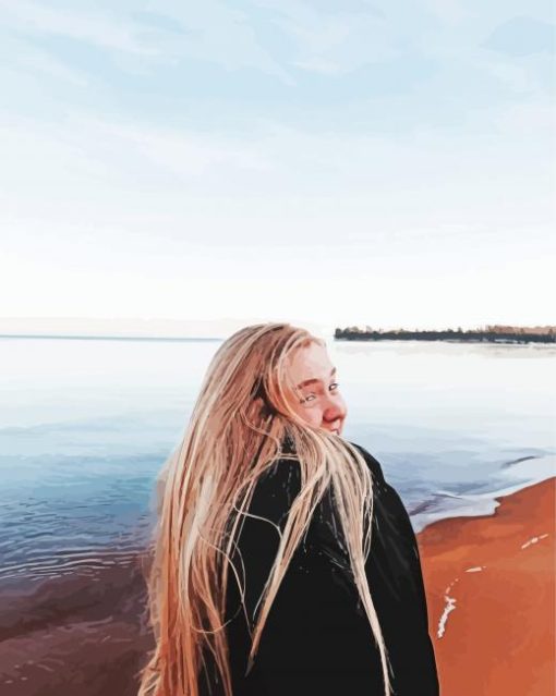 Blonde Long Hair Lady By The Sea Diamond Paintings