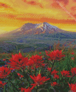 Mt St Helens With Red Poppies Diamond Paintings