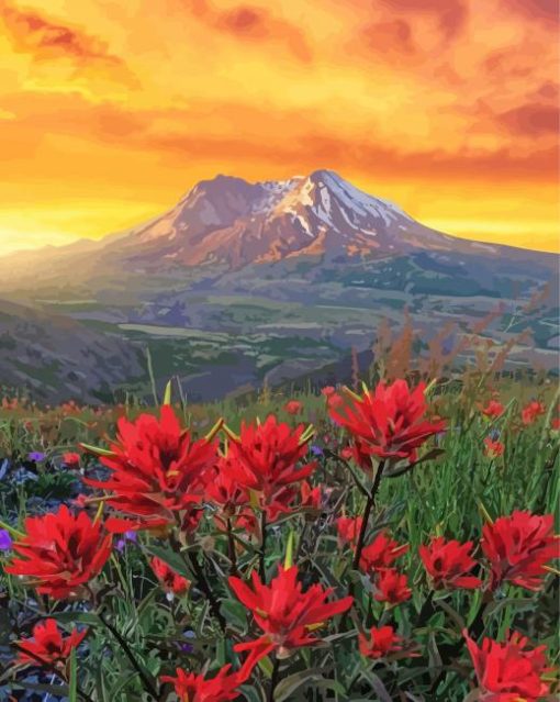 Mt St Helens With Red Poppies Diamond Paintings