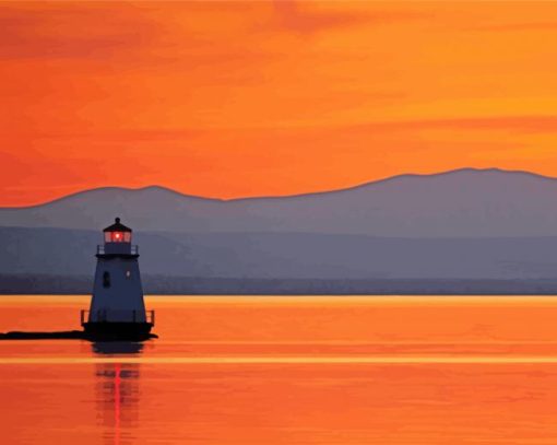 Sunset At Lake Champlain Vermont Lighthouse Diamond Paintings