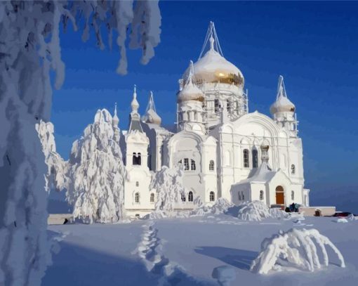 White Church In Winter Diamond Paintings