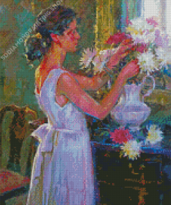 Woman Arranging Flowers In Vase Diamond Paintings