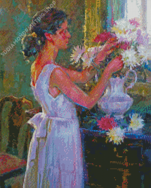 Woman Arranging Flowers In Vase Diamond Paintings