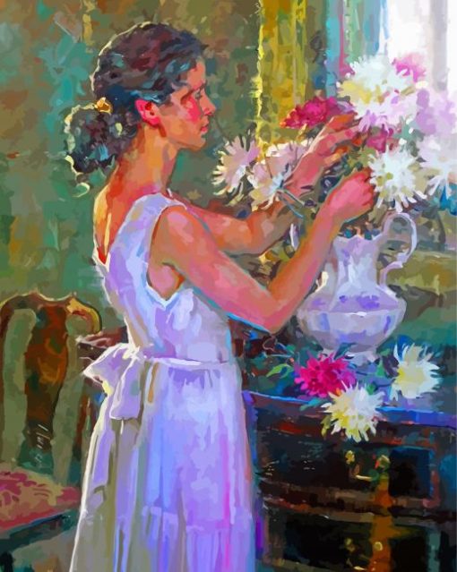 Woman Arranging Flowers In Vase Diamond Paintings