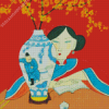 Asian Woman With Flower In Vase Art Diamond Paintings