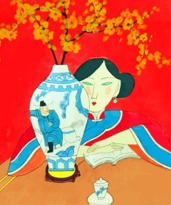 Asian Woman With Flower In Vase Art Diamond Paintings