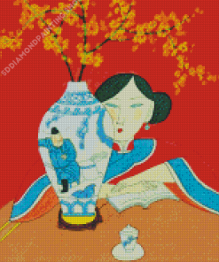 Asian Woman With Flower In Vase Art Diamond Paintings