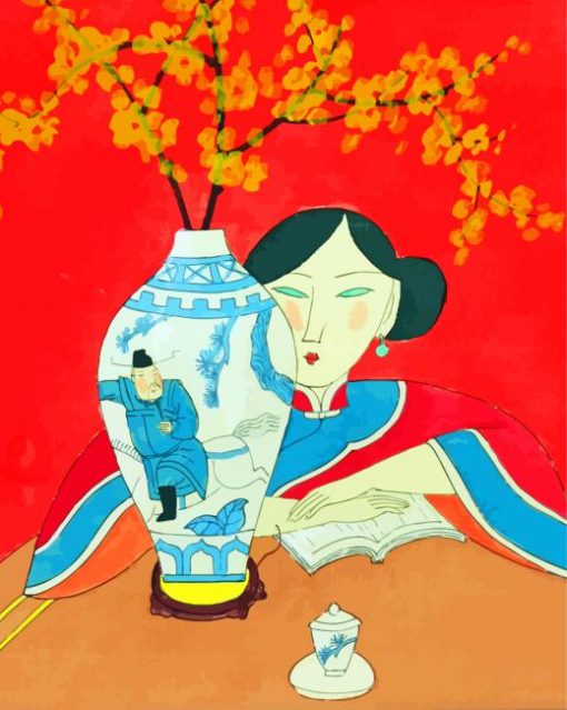 Asian Woman With Flower In Vase Art Diamond Paintings