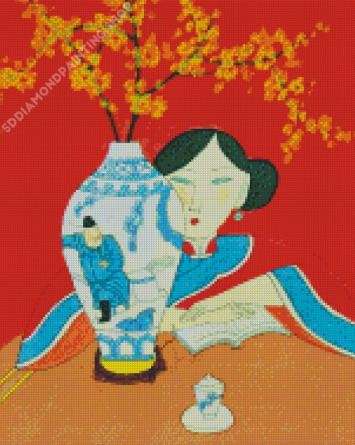 Asian Woman With Flower In Vase Art Diamond Paintings