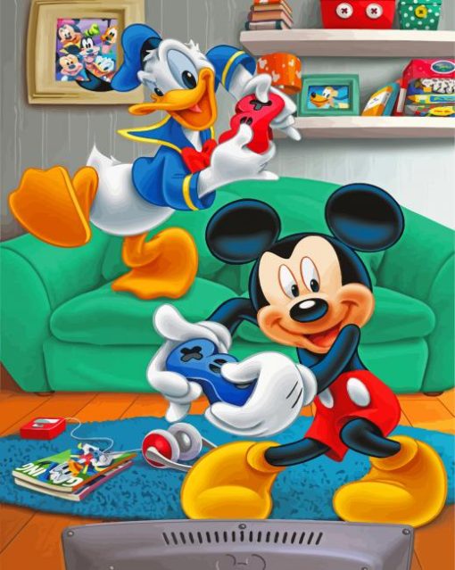 Mickey Mouse And Donald Duck Playing Video Game Diamond Paintings