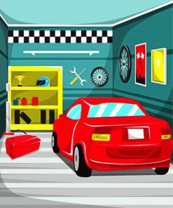 Red Car In Garage Diamond Paintings