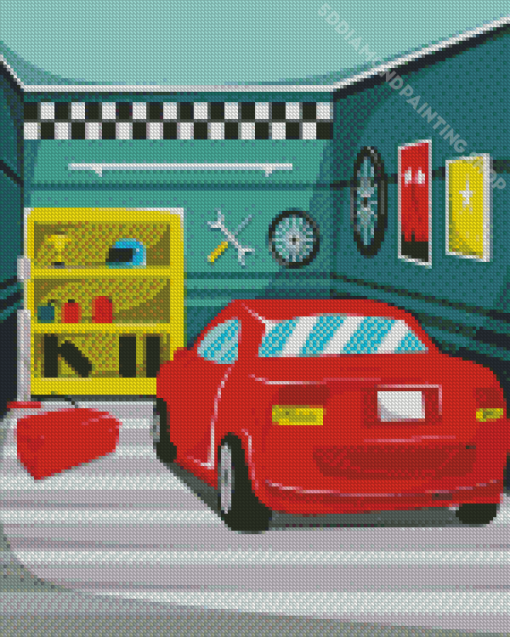 Red Car In Garage Diamond Paintings