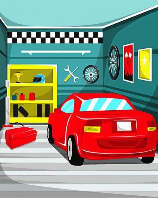 Red Car In Garage Diamond Paintings