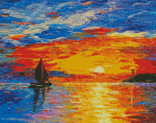 Sunset With Boat Art Diamond Paintings