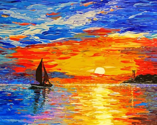 Sunset With Boat Art Diamond Paintings