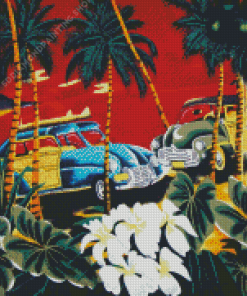 Vintage Palm Trees With Car Diamond Paintings