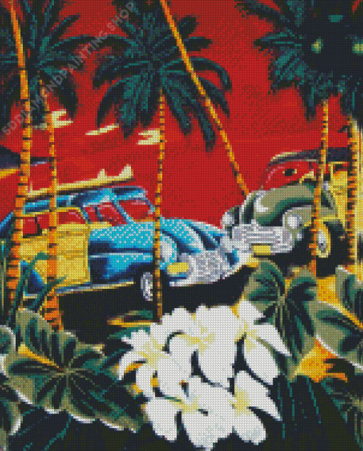 Vintage Palm Trees With Car Diamond Paintings