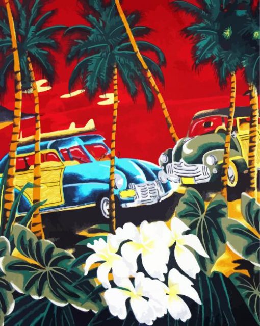 Vintage Palm Trees With Car Diamond Paintings