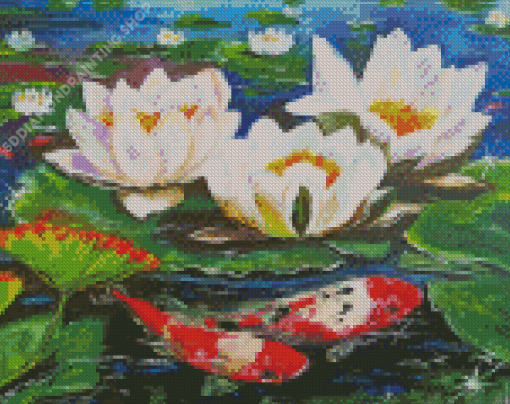 White Water Lilies With Koi Diamond Paintings