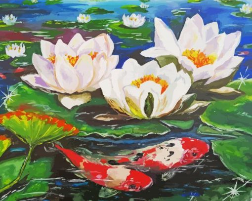 White Water Lilies With Koi Diamond Paintings