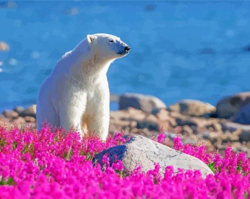 Bear In Flowers Field By River Diamond Paintings