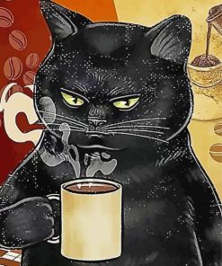 Black Cat And Coffee Diamond Painting