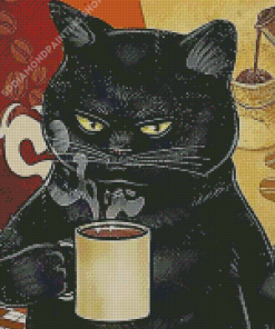 Black Cat And Coffee Diamond Painting