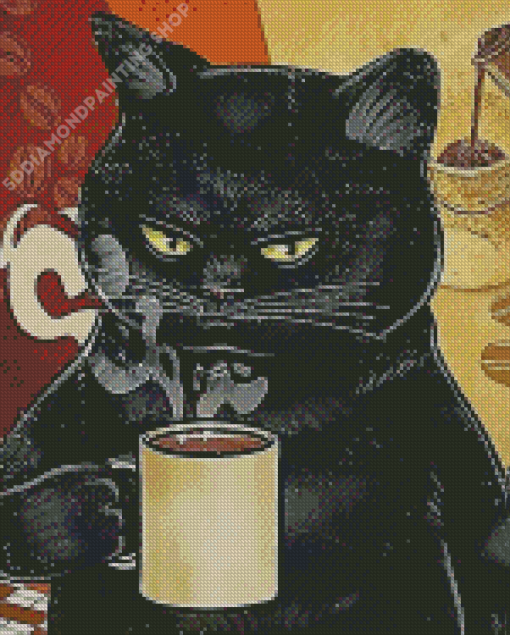 Black Cat And Coffee Diamond Painting