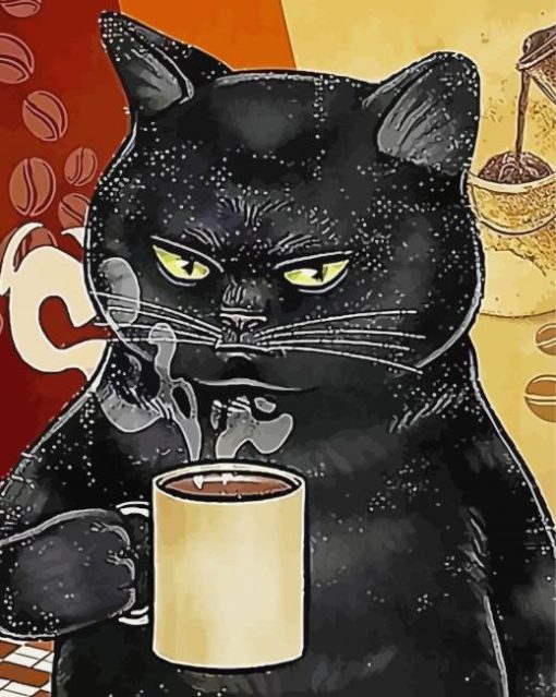 Black Cat And Coffee Diamond Painting