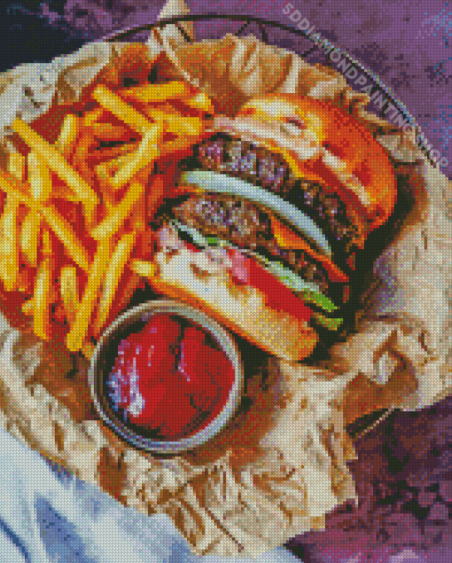 Double Cheeseburger With Fries Diamond Painting