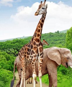 Giraffes With Elephant Diamond Paintings