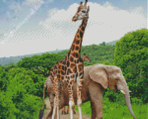 Giraffes With Elephant Diamond Paintings