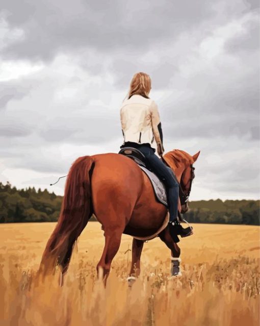 Girl Riding A Horse In Field Diamond Paintings