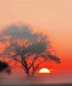 Misty Sunrise Tree Silhouette Diamond Painting