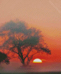 Misty Sunrise Tree Silhouette Diamond Painting