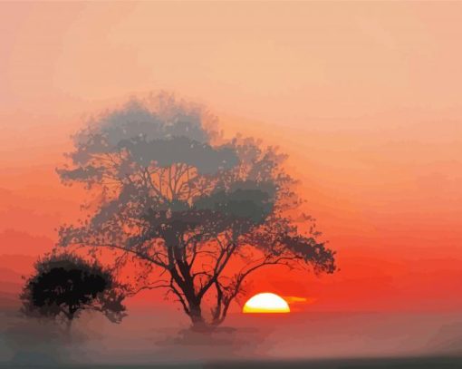 Misty Sunrise Tree Silhouette Diamond Painting