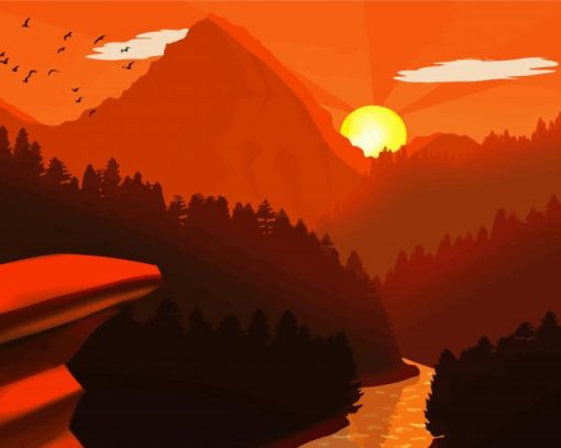 Mountains River At Sunset Diamond Paintings