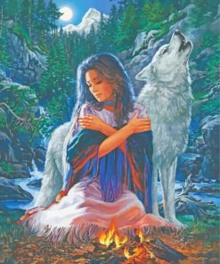 Native Indian Woman And Wolf Diamond Paintings