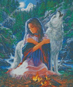 Native Indian Woman And Wolf Diamond Paintings