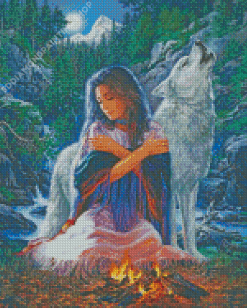 Native Indian Woman And Wolf Diamond Paintings