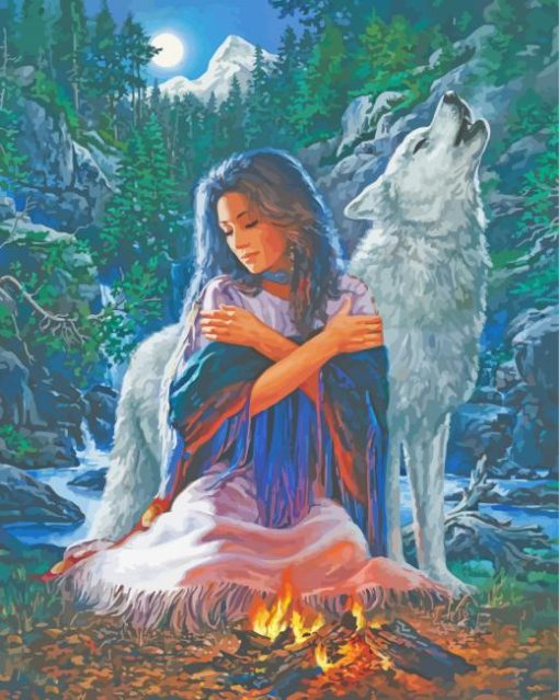 Native Indian Woman And Wolf Diamond Paintings