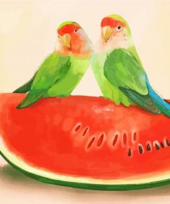 Rosy Faced Lovebirds On Watermelon Diamond Paintings