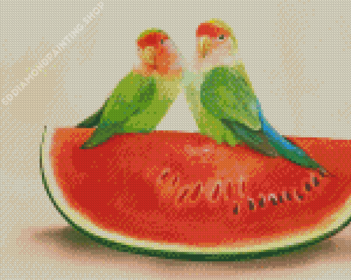 Rosy Faced Lovebirds On Watermelon Diamond Paintings