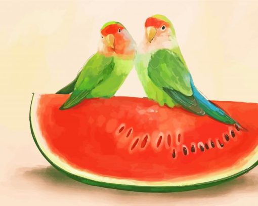 Rosy Faced Lovebirds On Watermelon Diamond Paintings