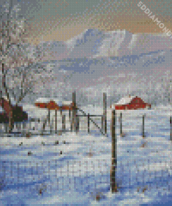 Snow Winter Mountains Farm Scene Diamond Paintings