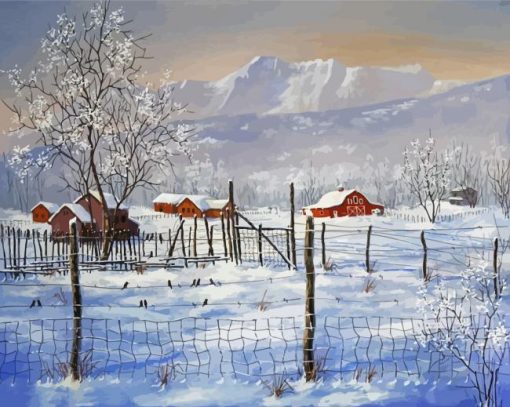 Snow Winter Mountains Farm Scene Diamond Paintings