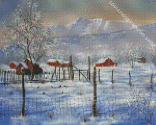 Snow Winter Mountains Farm Scene Diamond Paintings