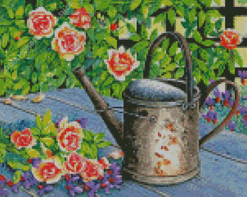 Watering Can With Flowers Art Diamond Paintings