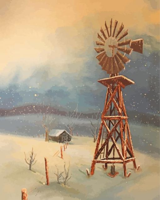 Western Windmill In Snow Diamond Paintings